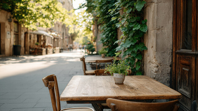 charming europeanstyle street caf featuring rustic wooden furniture empty table set for one surrounded by