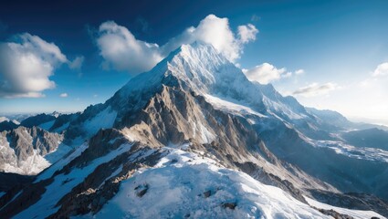 Obraz premium Snow-covered mountain peak with rugged terrain and dramatic clouds in the sky. Natural landscape and alpine scenery.