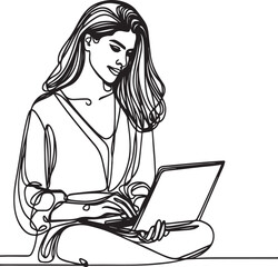 Woman Sitting on Floor Using Laptop One Line Sketch

