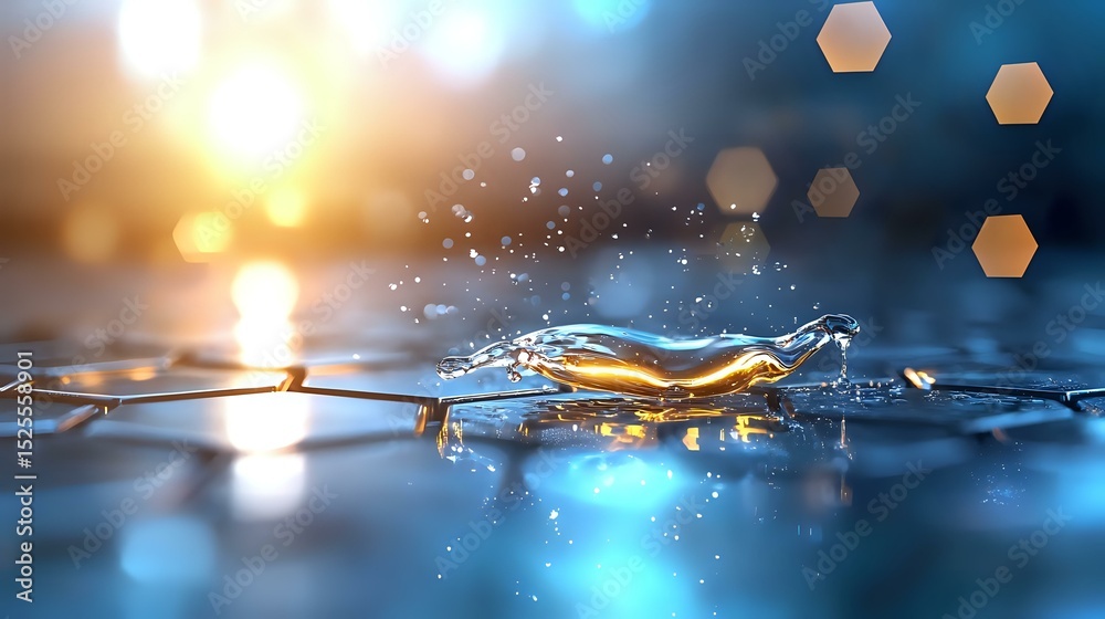 Poster dynamic water splash with golden sunlight creating magical bokeh effect and hexagonal reflections on