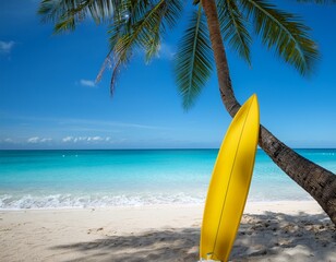 a tranquil beach scene featuring a yellow surfboard resting against a palm tree with turquoise waters and a blue sky in the background