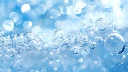 Transparent soap bubbles floating on light blue background with bokeh effect and soft focus, creating dreamy atmospheric composition for wellness and purity concepts.