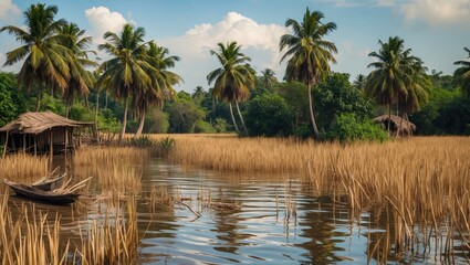 Obraz premium Tropical river scene with palm trees and wooden huts, surrounded by tall grasses and lush greenery. Tranquil water reflecting the vibrant landscape.