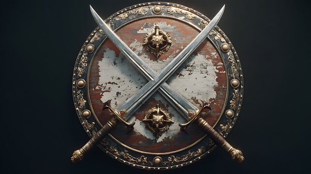 An Indian shield adorned with crossed talwar swords, symbolizing heritage, strength, and tradition .