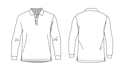 Polo T-shirt vector line drawing template set mockup isolated on white background. Flat technical drawing template. Unisex T-Shirt illustration front, Side and back view. Polo T-shirt Mockup.
