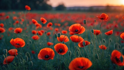 Obraz premium Bright red poppies in a field at sunset with vibrant colors and natural scenery.