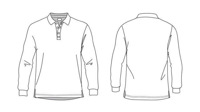 Polo T-shirt vector line drawing template set mockup isolated on white background. Flat technical drawing template. Unisex T-Shirt illustration front, Side and back view. Polo T-shirt Mockup.