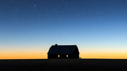 A barn silhouette in the middle of a wide night field under clear sky with stars and distant horizon light