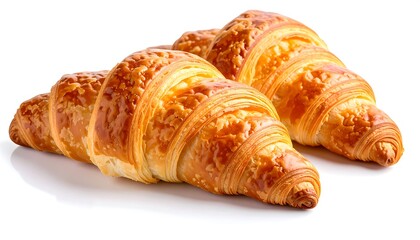 Two golden croissants on white