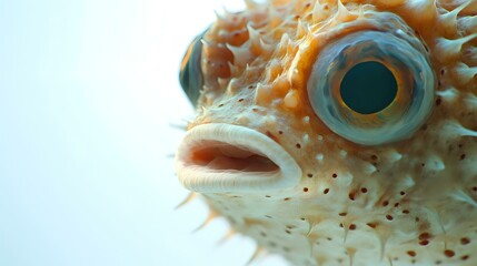 Close-up of a pufferfish face with expanded skin, visible pores and intense eye focus, brightly lit against a white background