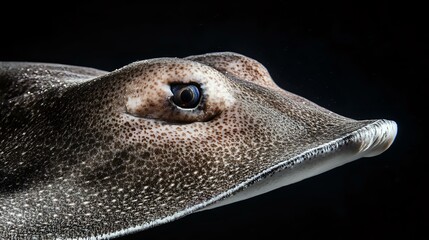 Close-up of a stingray face with eye ridges and soft facial features in high detail, isolated on a black background with good lighting