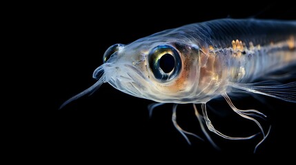 Detailed face view of a goby fish with translucent skin, fin roots and eye clarity, sharply focused on a black background