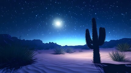 Desert cactus silhouette in moonlit sandy terrain under a vivid night sky with clear stars and soft shadows