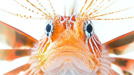 Highly focused macro of a lionfish face with long spines, eye detail and fin texture, isolated on a bright white background