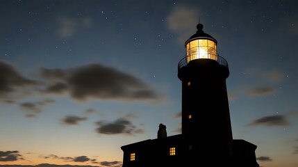 Lighthouse silhouette with large beacon structure beneath a soft clouded night sky and subtle starlight