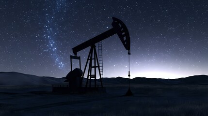 Oil pumpjack silhouette operating in a quiet desert field under a peaceful starry night with backlighting
