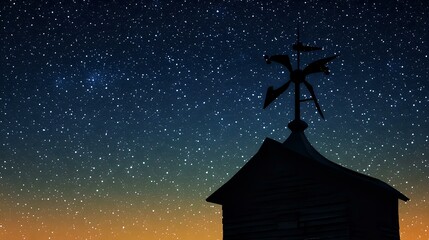 Old barn wind vane silhouette spinning under a vast night sky filled with stars and subtle atmospheric glow