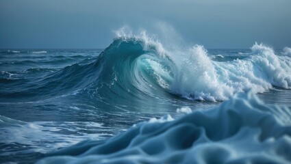 Fototapeta premium Vivid ocean wave crashing with foamy water and spray, depicting powerful sea motion and dynamic water flow.