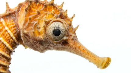Sharp macro of a seahorse face with visible snout, eye details and bony plates, isolated on a white background with proper lighting