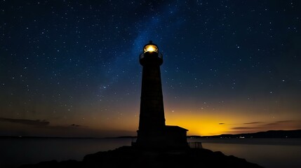 Silhouette of a breakwater lighthouse at the edge of a harbor under night sky with visible stars