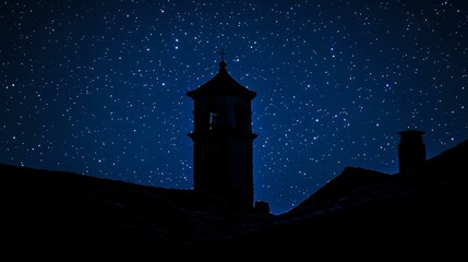 Silhouette of a bell tower rising above rooftops under the starry night with soft light edges