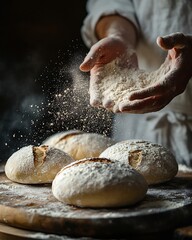 Obraz premium Artisan baker sprinkling flour on freshly baked bread in a rustic setting
