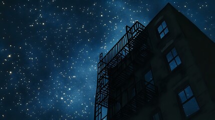 Silhouette of a fire escape ladder on a tall building under a starry night sky and strong outline