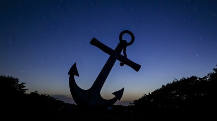 Silhouette of a large anchor sculpture in a coastal park under a quiet night sky
