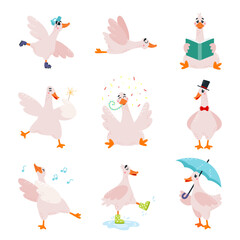 Funny goose. Cute geese in different poses, farm bird read book, flying, dancing, walking on puddles in rubber boots. Children mascots, classy vector characters