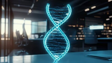 Glowing DNA double helix on a desk in a modern office, futuristic technology concept - Powered by Adobe