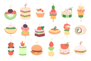 Finger food set. Canape on wooden sticks, buffet banquet appetizers. Mini snacks for party with shrimp bread cheese vegetables, racy vector clipart