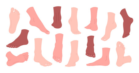 Human feet set. Naked foot in different positions, male female legs poses. Healthy leg and skin, isolated body parts, anatomy elements racy vector clipart