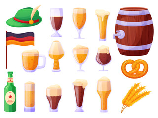 Cartoon oktoberfest elements. Beer glasses, bretzel, wooden barrel for drink, bottle of beer. Alcoholic drink traditional symbols, bar beverages, nowaday vector set