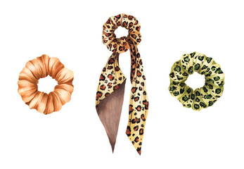 Set with women hair elastic, scrunchies animalistic leopard print. Hairstyle watercolor illustration isolated from background. Beauty fashion style for girly composition, creating pattern, hen-party