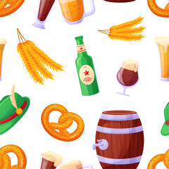 Oktoberfest seamless pattern. Pretzel, beer glasses and bottle, wheat and wood barrel. Drink festival print design for textile, nowaday vector background
