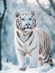 Fototapeta premium White Tiger with Blue Eyes in Snowy Forest 
