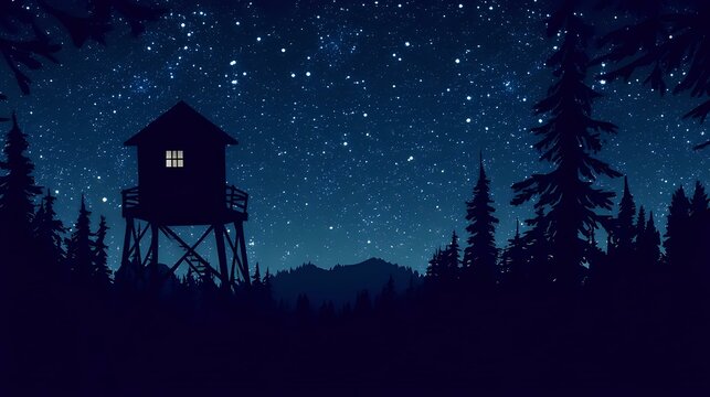 Watchtower silhouette deep in a forest under a star-studded night sky with visible moonlight