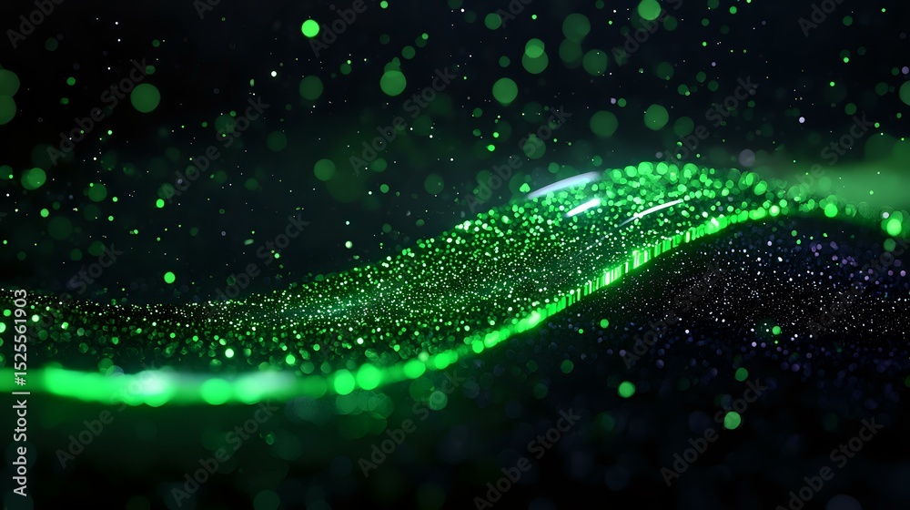 Poster glowing green particles form dynamic wave pattern against dark background with floating bokeh lights