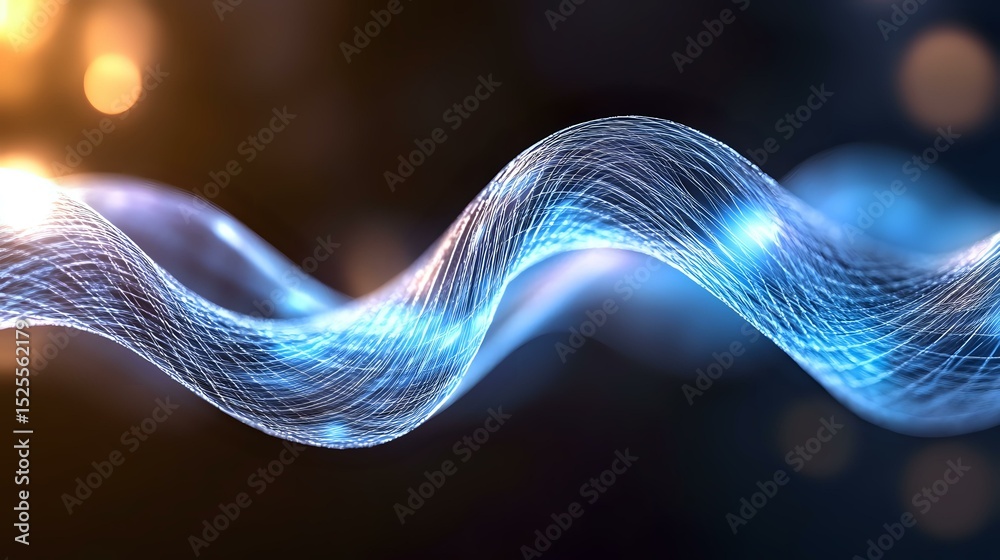 Poster glowing blue wave lines with light effects on dark background create dynamic flowing motion pattern 