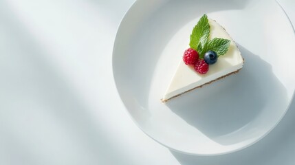 Minimalistic top view of a creamy cheesecake slice garnished with raspberries, blueberry, and mint leaves on a clean white plate.
