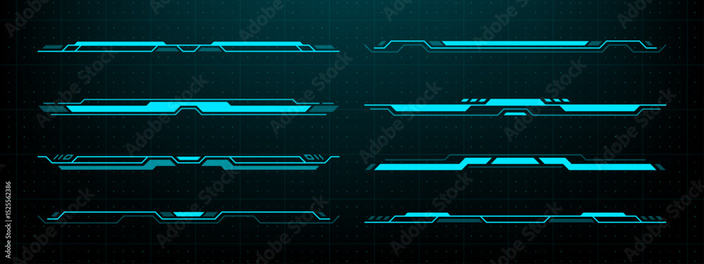Poster Set of blue futuristic hud elements. Head up display interface with neon bright lines. Modern hi tech design template. Vector graphics.
