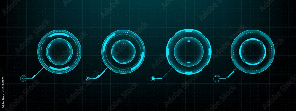 Poster Hud vector graphics. Four different styles of futuristic head-up display elements on a dark grid background. Digital interface for technology concept. Vector graphics.
