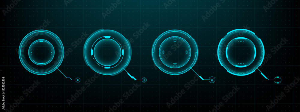 Poster Four blue circle hud vector interfaces and target frames. Graphic user elements for futuristic screen technology. Vector graphics.