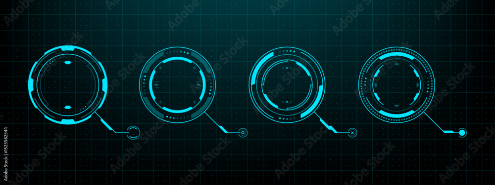 Poster Set of four circle modern futuristic hud vector graphics elements with round shapes and abstract designs. Technology display. 