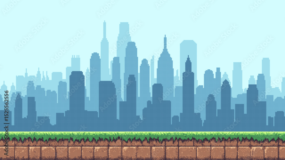 Poster Pixel art game level background with a city skyline and foreground bricks with green grass. Retro 8 bit style illustration. Vector graphics.