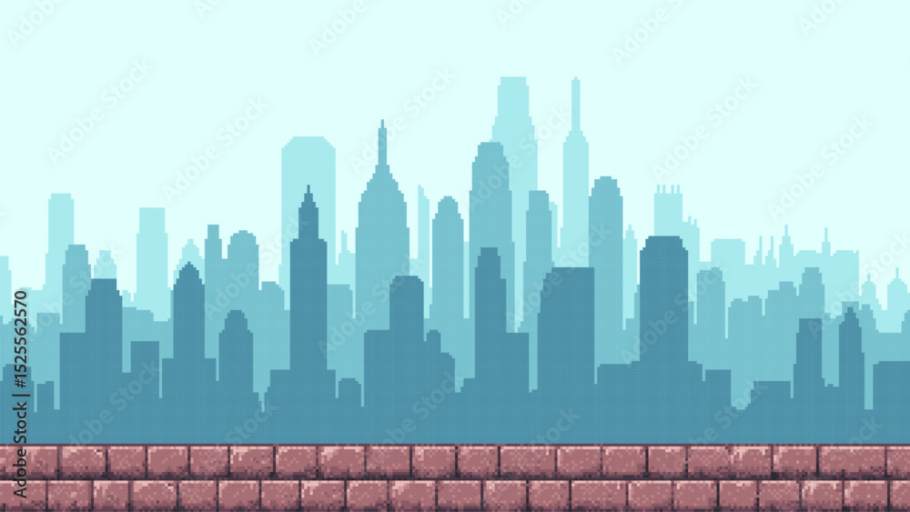 Poster pixel art game level background with blue cityscape silhouette and brick platform. retro video game.