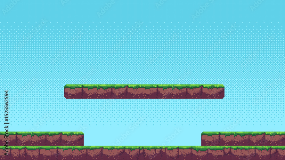 Poster Horizontal pixel art game level background with floating and grounded islands. Retro video game platformer stage with blue sky. Vector graphics.