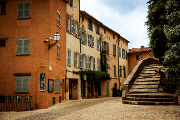 Seillans, France - July 3, 2014: A rustic building along an alleyway in the provencal village of Seillans, France
