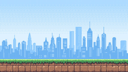 Pixel art game level background with blue cityscape skyline, green grass. Retro gaming scene. Vector graphics. © hiten666