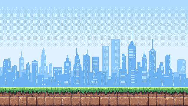 Pixel art game level background with blue cityscape skyline, green grass. Retro gaming scene. Vector graphics.